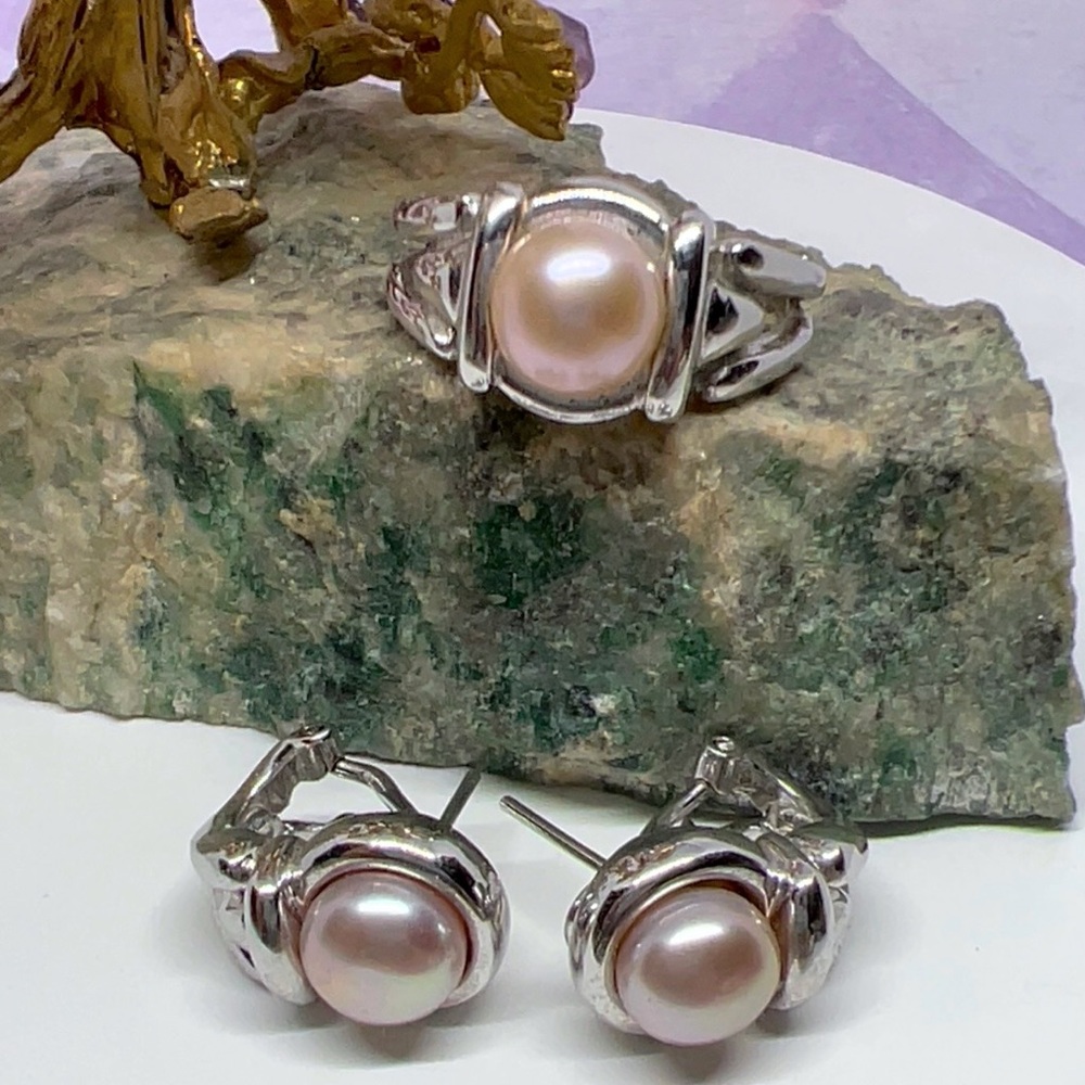 Honora Cultured Freshwater Soft Pink Button Pearl Sterling 925 Ring and Earrings - Picture 7 of 7